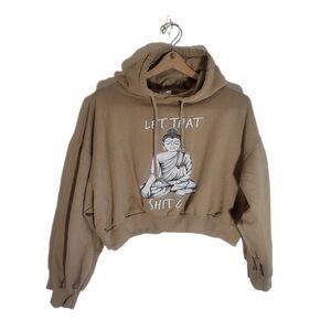 Tan Cropped Oversized Hoodie | Buddha Graphic “Let That Sh*t Go” XL